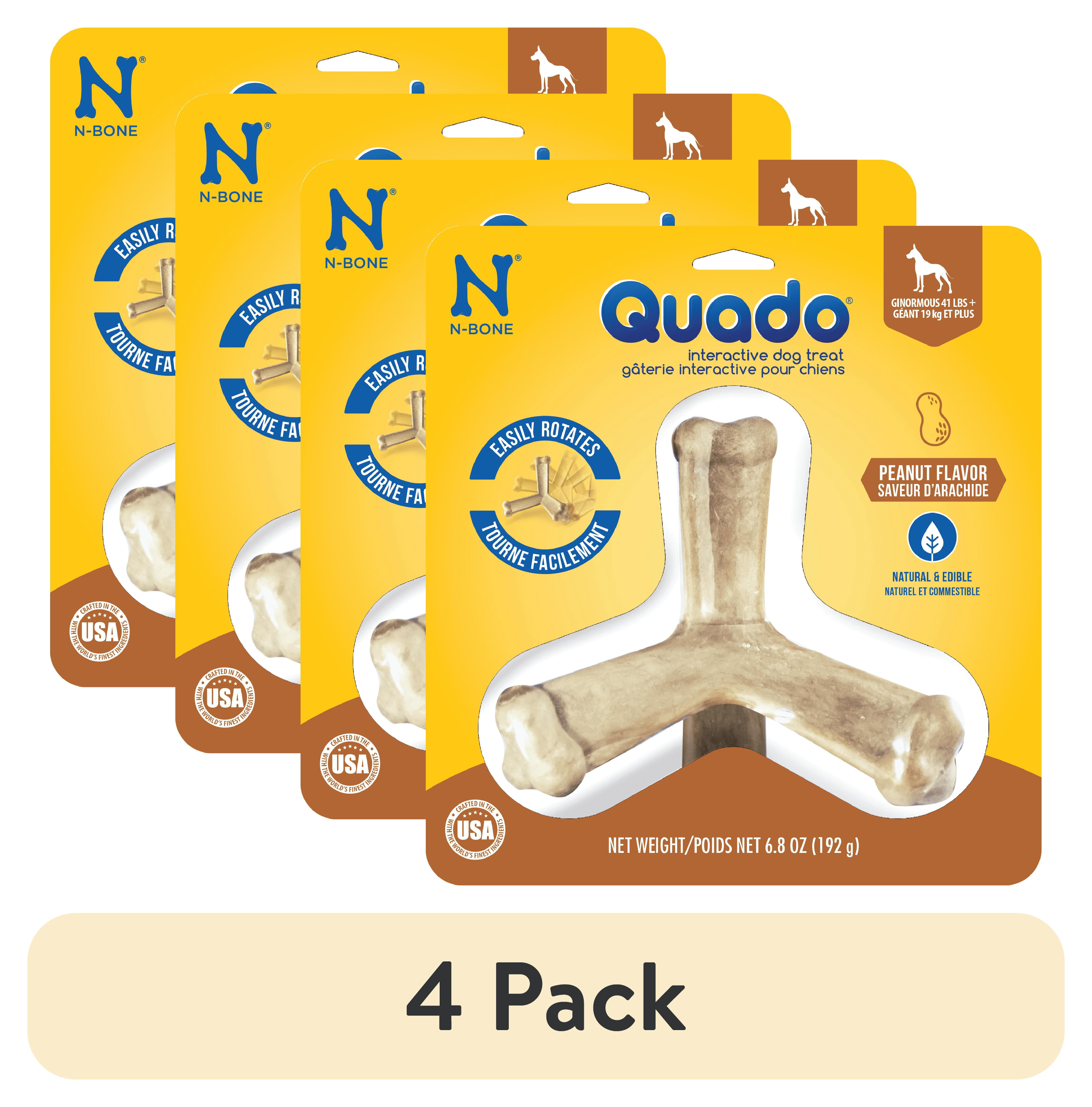 (4 pack) N-Bone® Quado® Dried Interactive Dog Chews, Peanut Flavor, Ginormous, Large, 1ct, 6.8oz - Natural, Edible, 100% Digestible Dog Chews Alternative to Plastic Toys - for Large Dogs