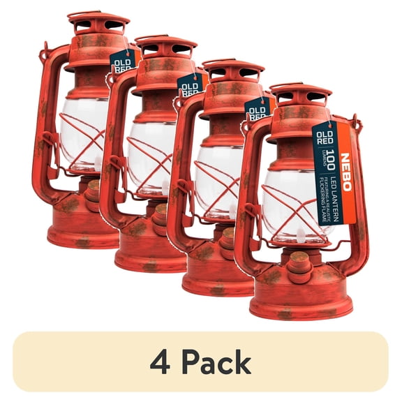 (4 pack) NEBO Retro 100 Lumen LED Red Metal Lantern, Battery Operated