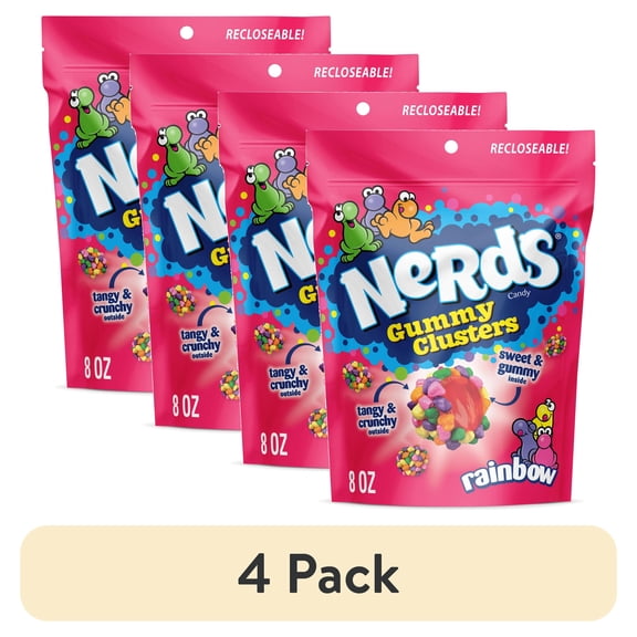 (4 pack) NERDS Gummy Clusters, Candy, Rainbow, Crunchy and Gummy, 8 oz