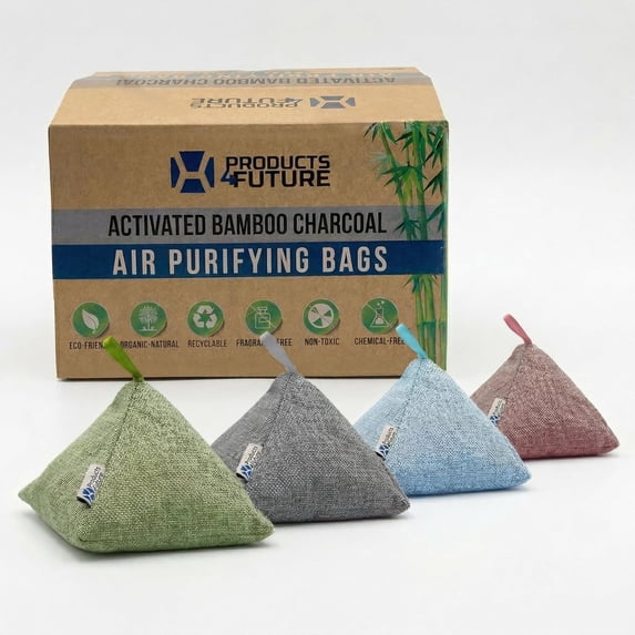 4 pack Naturally Activated Bamboo Charcoal Air Purifying Bags | Natural Home Deodorizer Bag Odor Absorber For Pets Eliminator & Moisture Freshener (200g Pyramid)