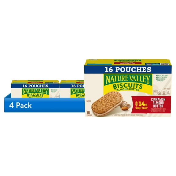 (4 pack) Nature Valley Biscuit Sandwiches, Cinnamon Almond Butter, 16 Bars, 21.6 oz