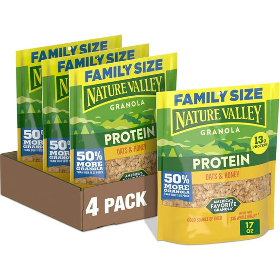 (4 pack) Nature Valley Protein Oats and Honey Granola, Family Size Pouch, 17 oz