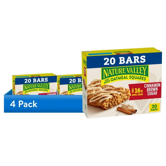 (4 pack) Nature Valley Soft Baked Oatmeal Squares, Cinnamon Brown Sugar, 20 Bars, 24.8 oz