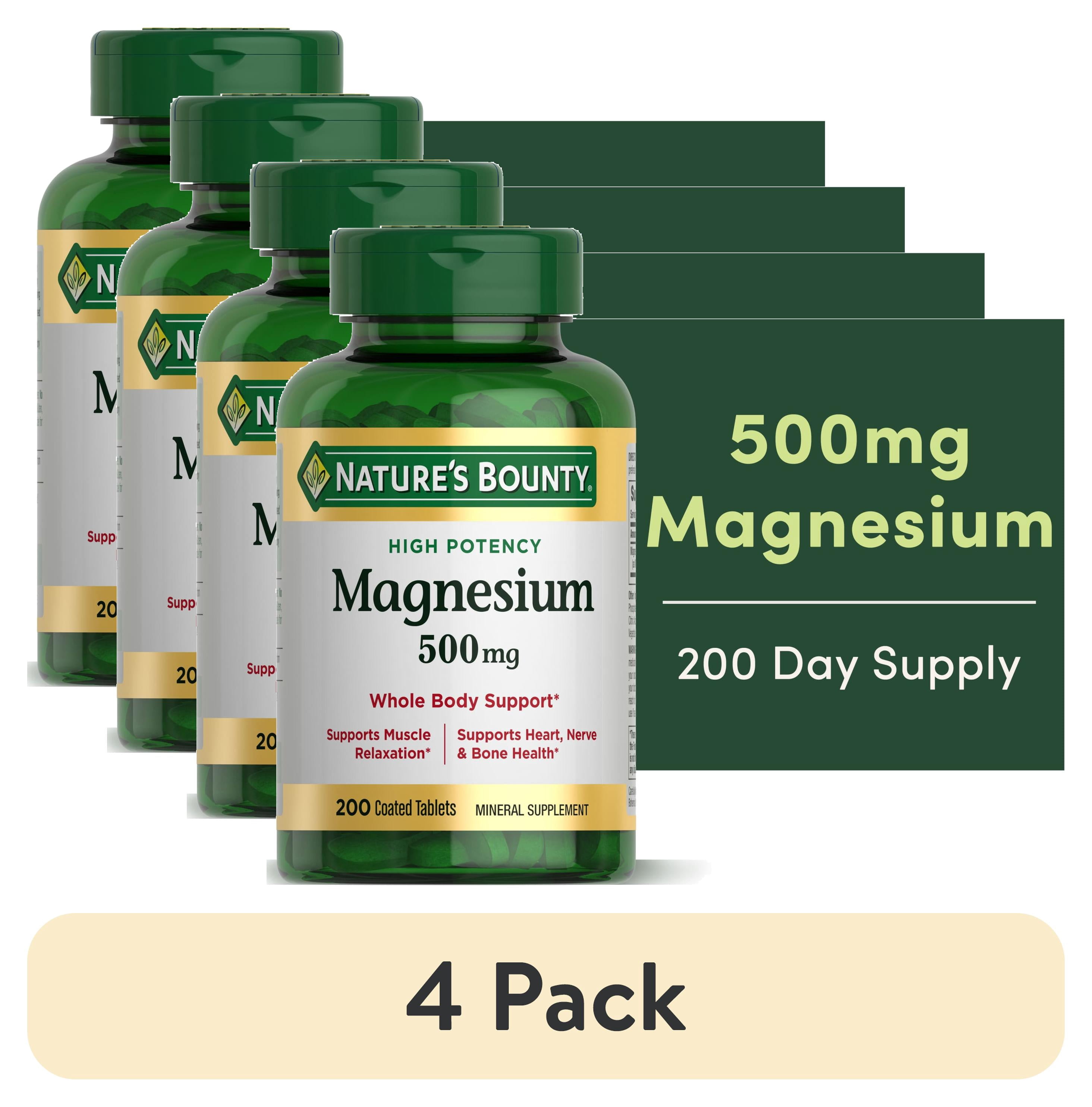 (4 pack) Nature’s Bounty Magnesium Oxide Supplement, Sleep Aid, Bone, Heart, Muscle Relaxation and Nerve Support, 500 mg, 200 Tablets