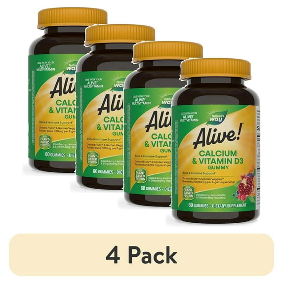 (4 pack) Nature's Way Alive! Calcium & Vitamin D3 Gummies, Strawberry & Raspberry-Lemonade Flavored, 60 Count