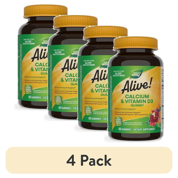 (4 pack) Nature's Way Alive! Calcium & Vitamin D3 Gummies, Strawberry & Raspberry-Lemonade Flavored, 60 Count