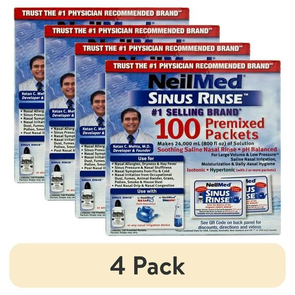 (4 pack) NeilMed Sinus Rinse Premixed Saline Packets 100 Count, pH Balanced, Preservative-Free