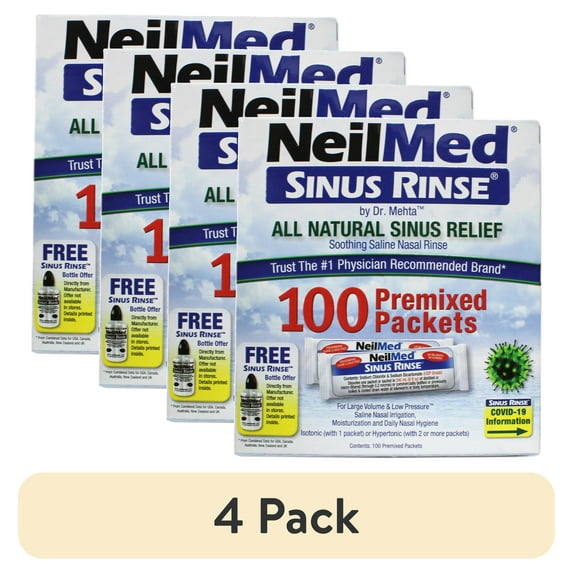 (4 pack) NeilMed Sinus Rinse Preservative-Free Sinus Relief Drops for Sinus Relief, Nasal Allergies Set with Rinse Premixed Refill 0.75 lbs 100 Count