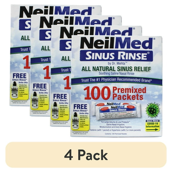 (4 pack) Neilmed Soothing Saline Nasal Sinus Rinse All Natural Relief, 100Ct