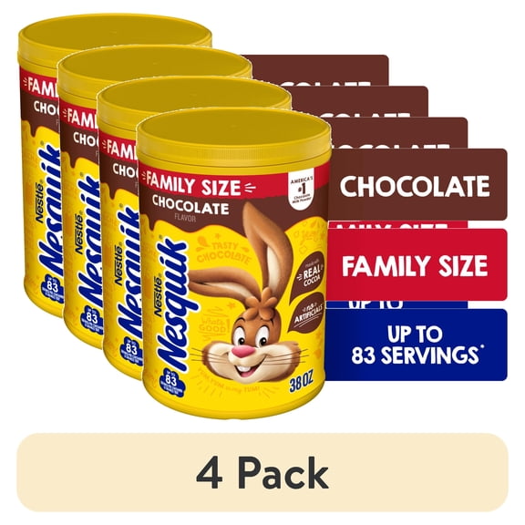 (4 pack) Nestle Nesquik Chocolate Flavor Powder Stir In Drink Mix Canister, 38 oz Canister, 83 Servings