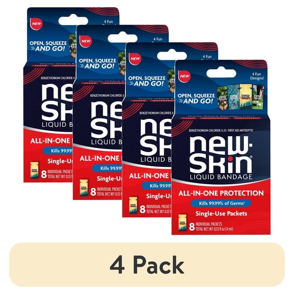 (4 pack) New-Skin Single Use Liquid Bandage Packets, 8 Count, Antiseptic, Waterproof for Minor Cuts and Scrapes