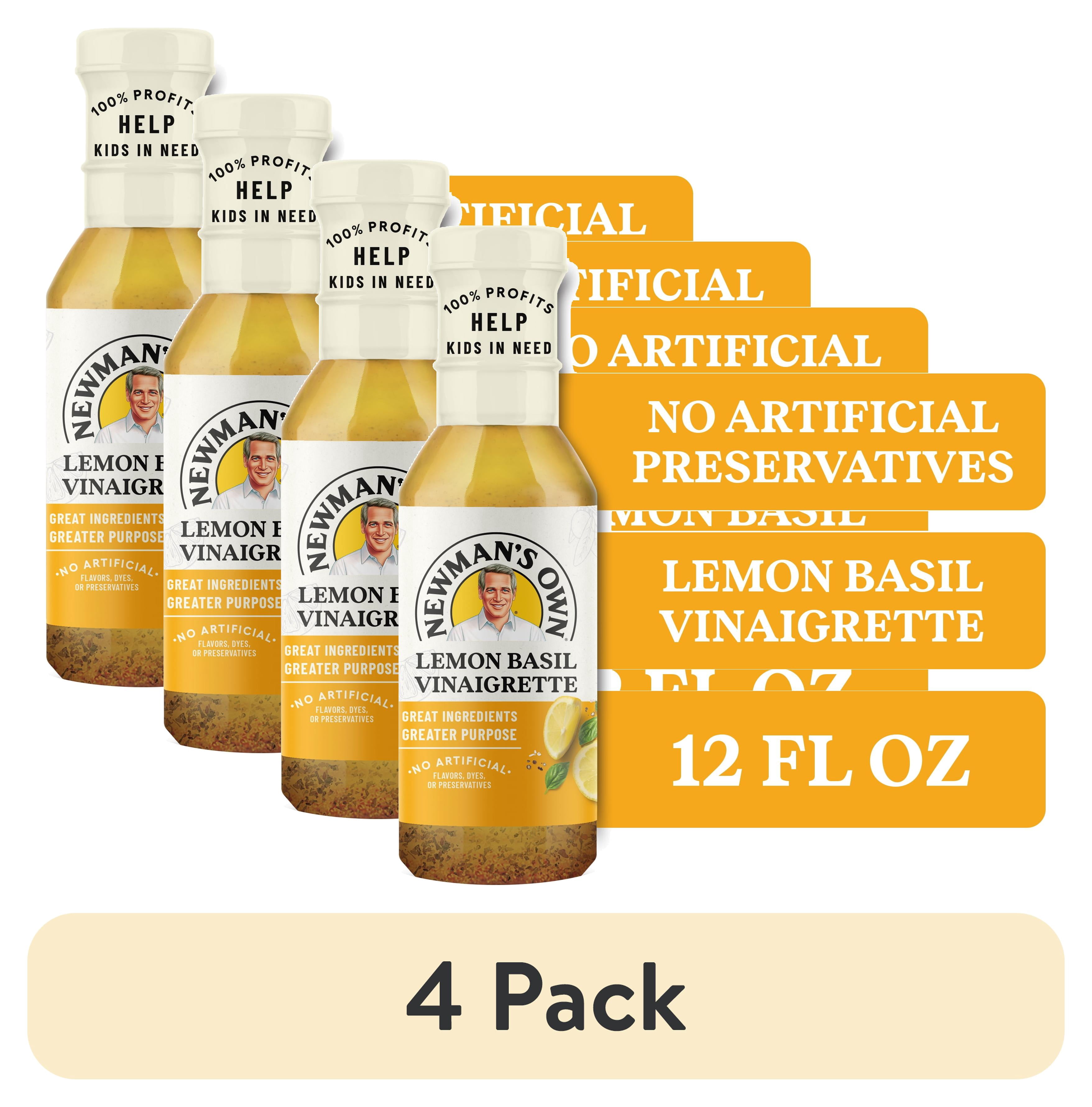(4 pack) Newman's Own Lemon Basil Vinaigrette Salad Dressing and Marinade, 12 fl oz