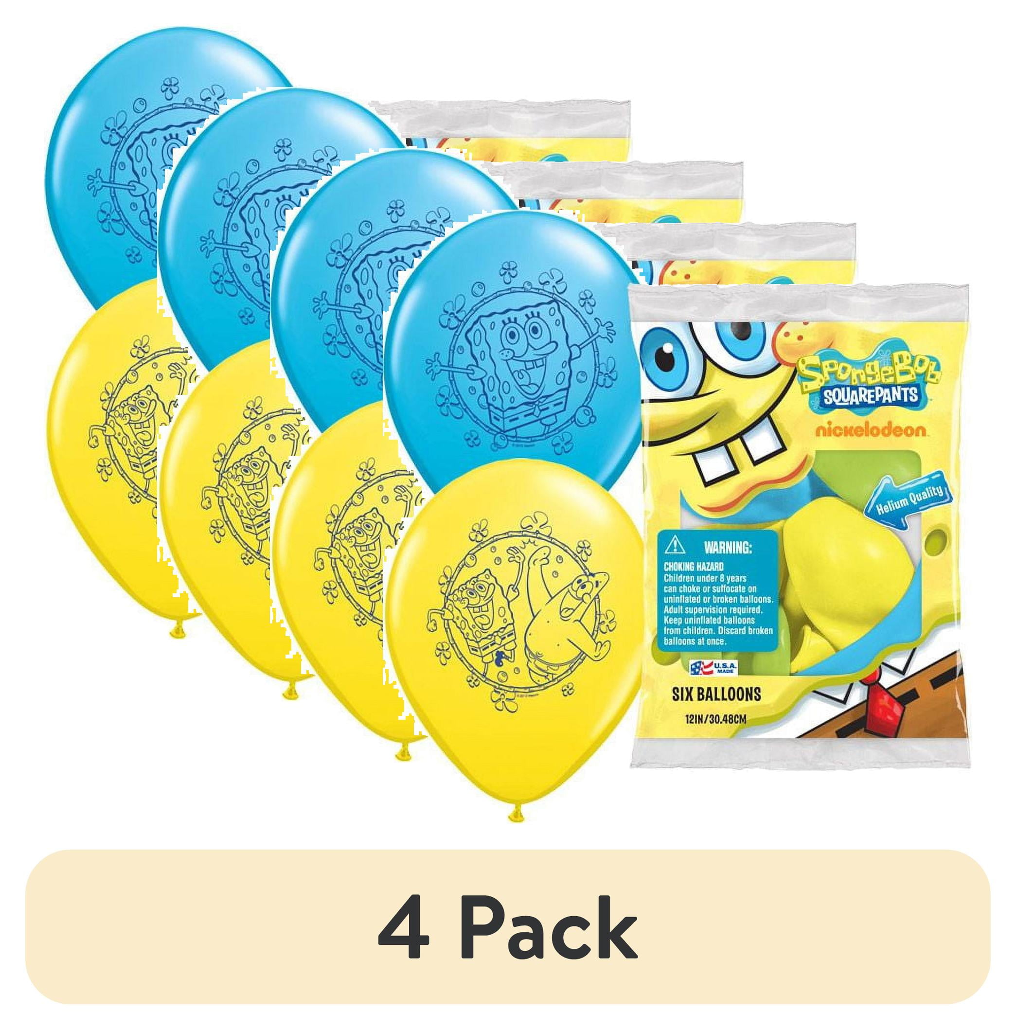 (4 pack) Nickelodeon SpongeBob Squarepants All Ages 12" Blue, Yellow, and Green Latex Balloons, 6 Count