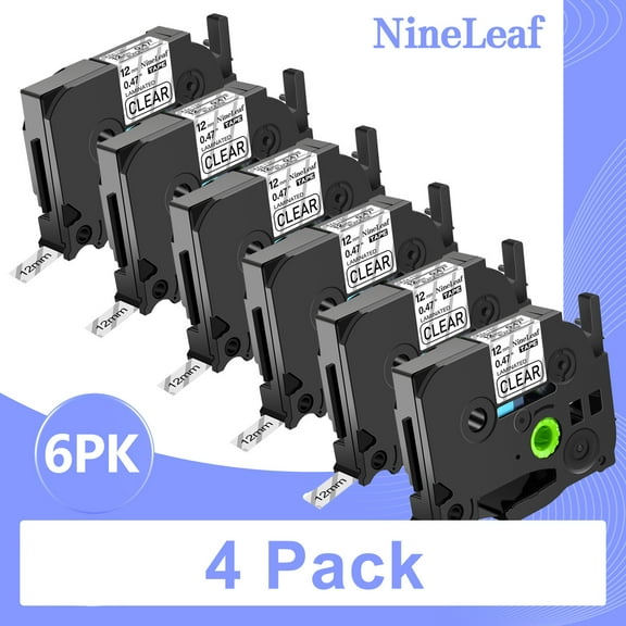 (4 pack) NineLeaf 6 Pack Compatible for Brother P-touch TZe-131 TZe131 TZ-131 TZ131 12mm Clear Laminated Label Tape 0.47" x 26.2 ft (12mm x 8m)