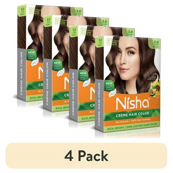 (4 pack) Nisha Creme Hair Color | Permanent Long Lasting Brown Hair Dye Colour Kit | Dark Brown | Mini Box 40gm / 1.35 Oz