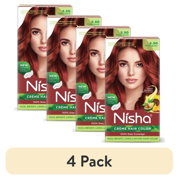 (4 pack) Nisha Creme Hair Color | Permanent Long Lasting Hair Dye Color Kit | Mahogany | 4.05 Oz