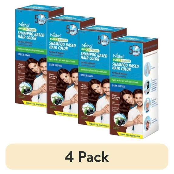 (4 pack) Nisha Shampoo Hair Color | Men & Women | 100% Grey Coverage in 5 Minutes | Dark Brown | 180mL / 6.09 Oz Bottle