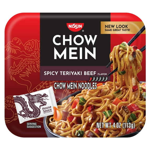 (4 pack) Nissin Foods Chow Mein Instant Noodles, Spicy Teriyaki Beef Flavor, 4.0 oz Tray, Shelf-Stable
