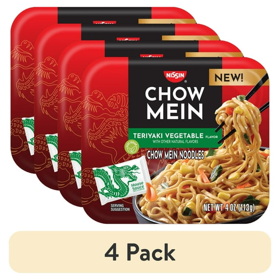 (4 pack) Nissin Foods Chow Mein Instant Noodles, Teriyaki Vegetable Flavor, 4.0 oz Tray, Shelf-Stable