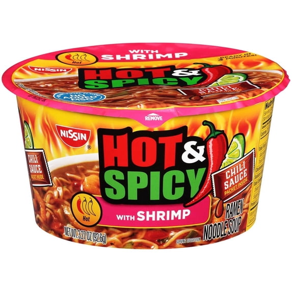(4 pack) Nissin Foods Hot & Spicy Ramen Noodle Soup, Shrimp Flavor, 3.27 oz Bowl, Shelf-Stable