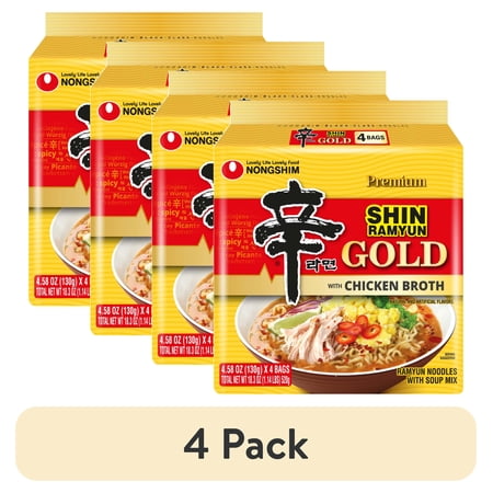 (4 pack) Nongshim Shin Gold Spicy Chicken Broth Ramyun Premium Ramen Noodle Soup Pack, 4.58oz X 4 Count, See Item for Allergens