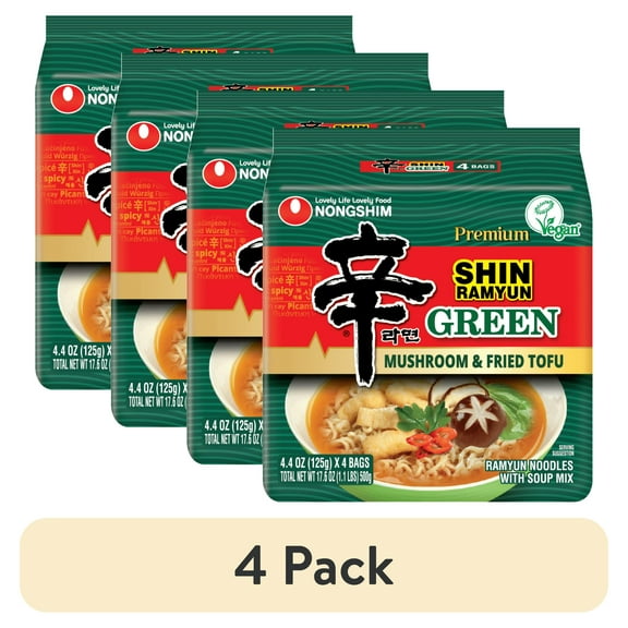 (4 pack) Nongshim Shin Ramyun Green Ramen Noodle Soup Pack, 4.4oz x 4 Count, Shelf-Stable