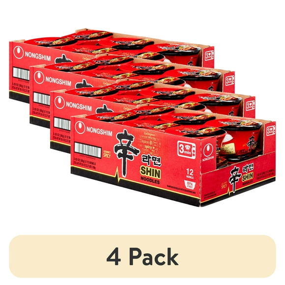 (4 pack) Nongshim Shin Ramyun Spicy Beef Ramen Noodle Soup Bowl, 3.03oz X 12 Count, Shelf-Stable