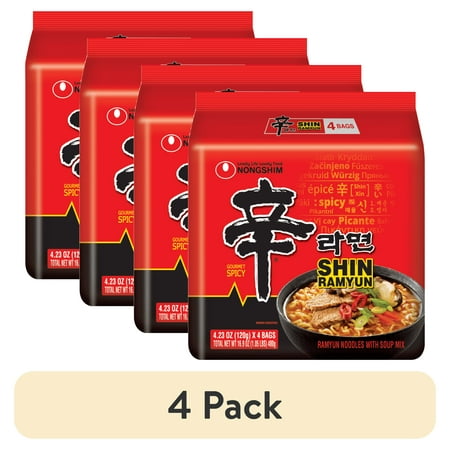 (4 pack) Nongshim Shin Ramyun Spicy Beef Ramen Noodle Soup Pack, 4.02oz X 4 Count
