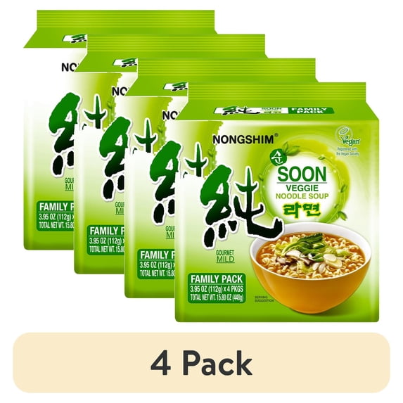 (4 pack) Nongshim Soon Veggie Savory Vegan Ramyun Ramen Noodle Soup Pack, 3.95oz, 4 Count