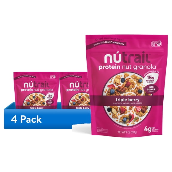 (4 pack) NuTrail 15g Protein Nut Granola Cereal, Triple Berry, No Sugar Added, Keto, Low Carb, Gluten Free, Grain Free, Healthy Breakfast, 10 oz, 1 Count