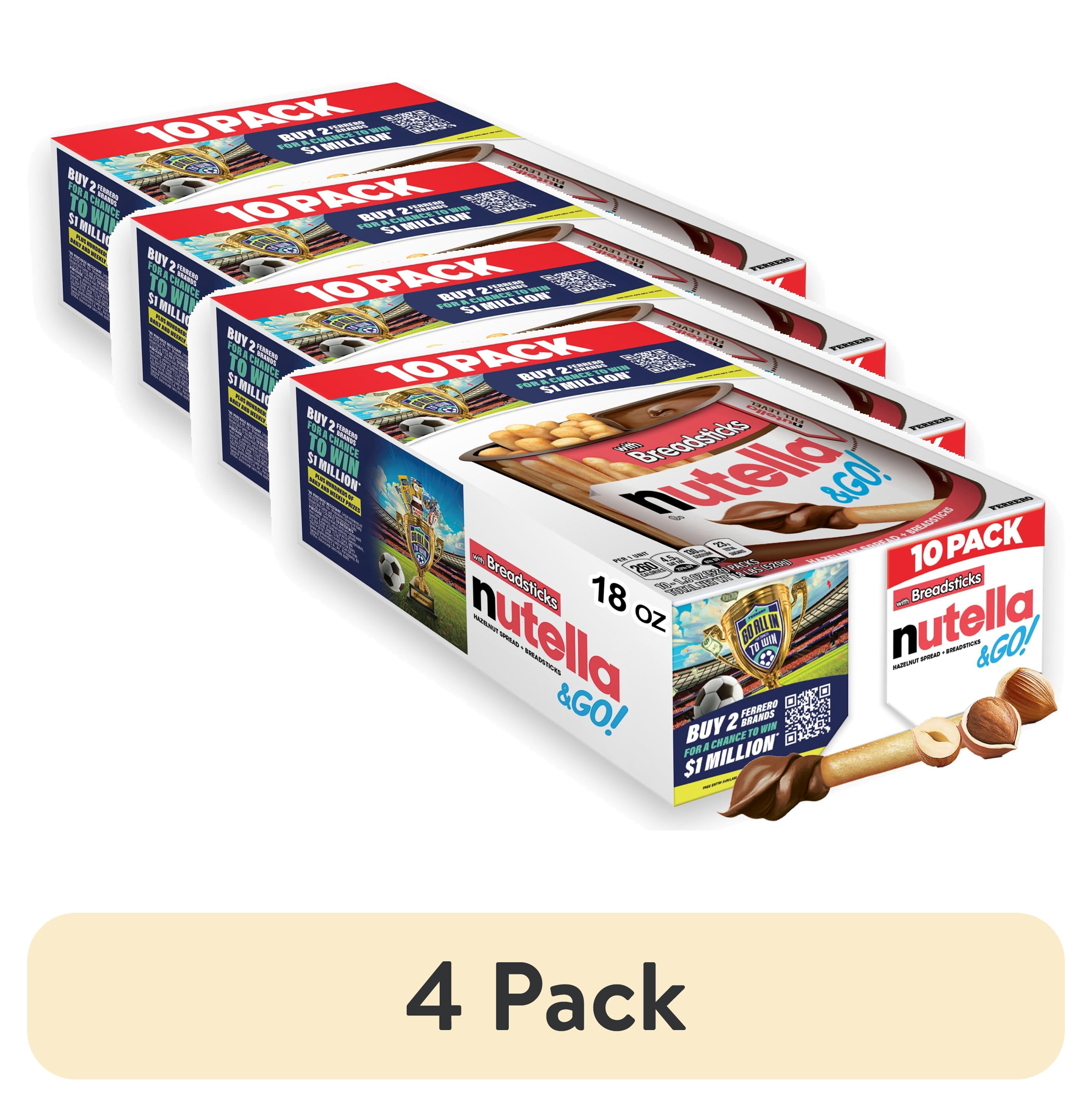 (4 pack) Nutella & GO! Chocolate Hazelnut Spread with Cocoa + Breadsticks, 10 Snack  Packs, 1.8 oz  Each