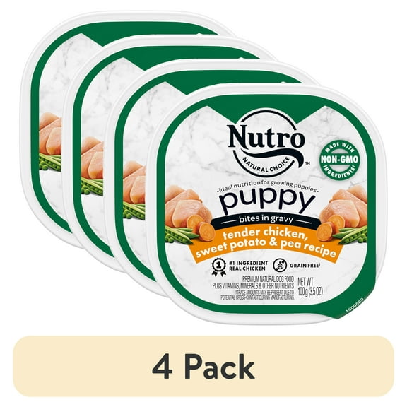 (4 pack) Nutro Natural Bites In Gravy Tender Chicken, Sweet Potato & Pea Wet Dog Food For Puppy, 3.5 Oz Tray