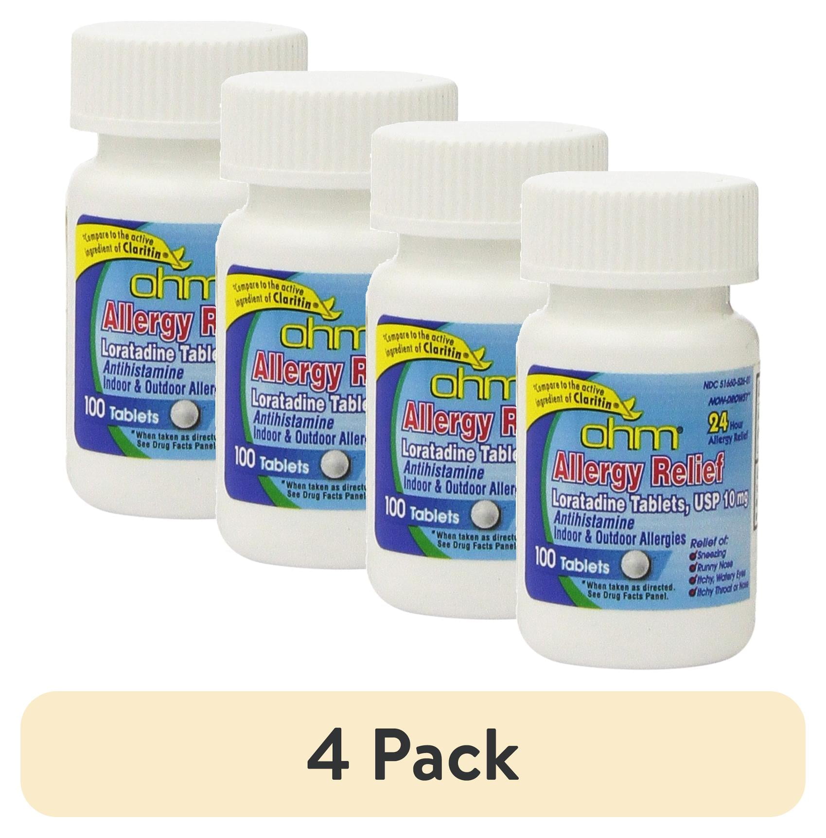 (4 pack) OHM Loratadine USP 10mg Antihistamine 24Hr Allergy Relief Compare to Claritin, 100ct