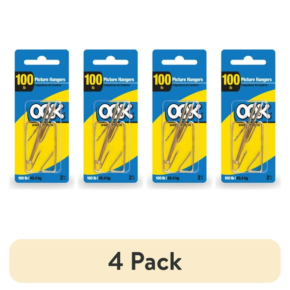 (4 pack) Ook Picture Hangers, 100 lbs, for Drywall and Wood, Steel, Brass Finish, Gold, 2 pack