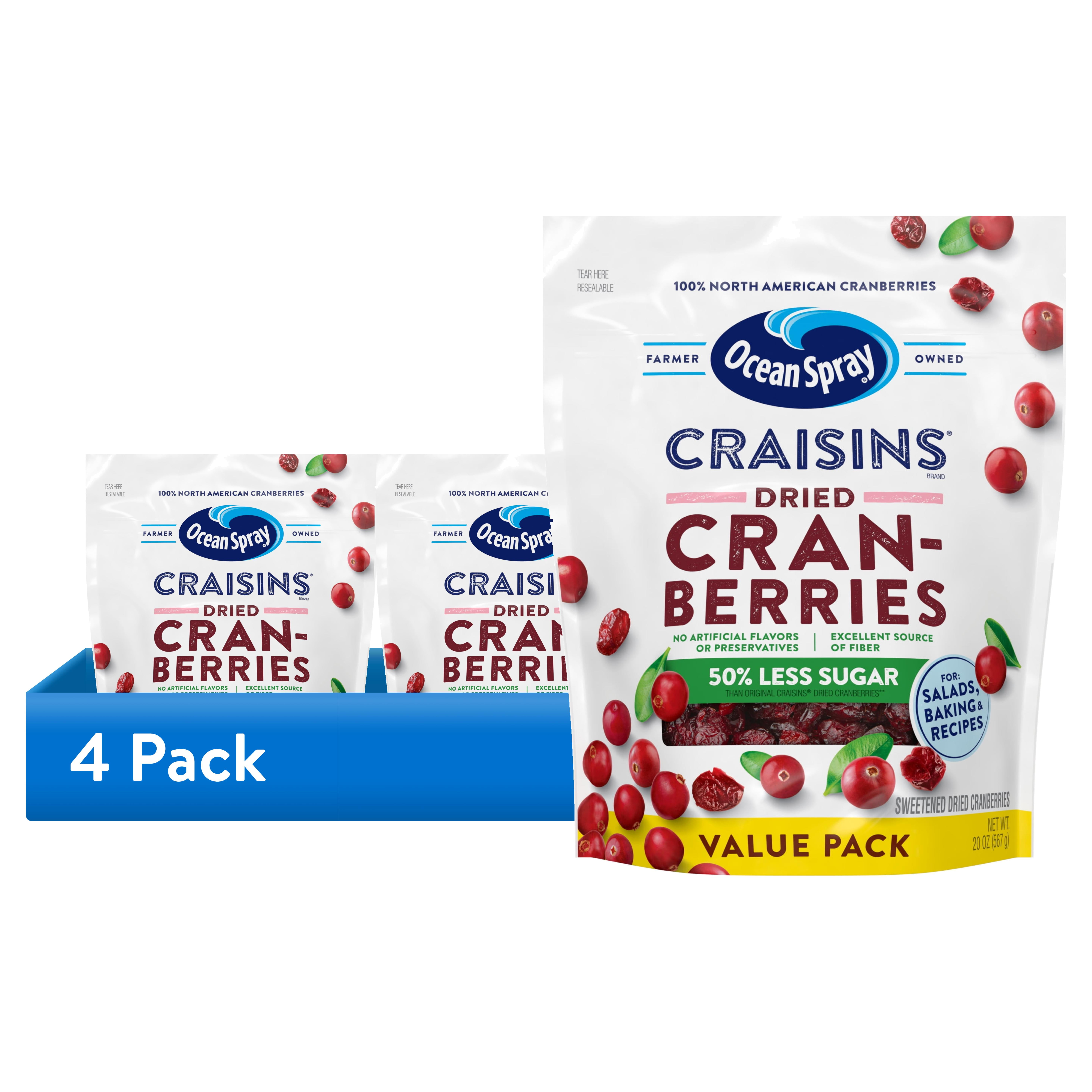 (4 pack) Ocean Spray® Craisins®, 50% Less Sugar Dried Cranberries, Dried Fruit, 20 oz Pouch