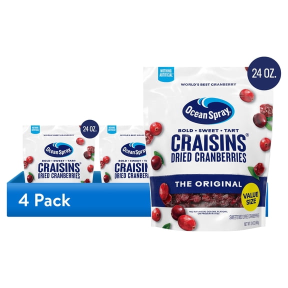 (4 pack) Ocean Spray Craisins Original Dried Cranberries, Dried Fruit, 24 oz Pouch