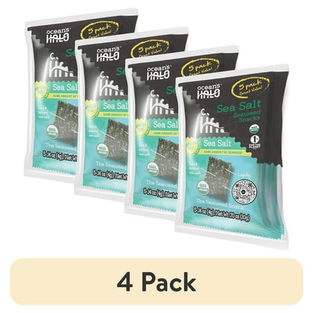 (4 pack) Ocean's Halo, 5pk Seaweed Snack, Healthy, Sea Salt, Vegan Keto Nori Crispy Chips