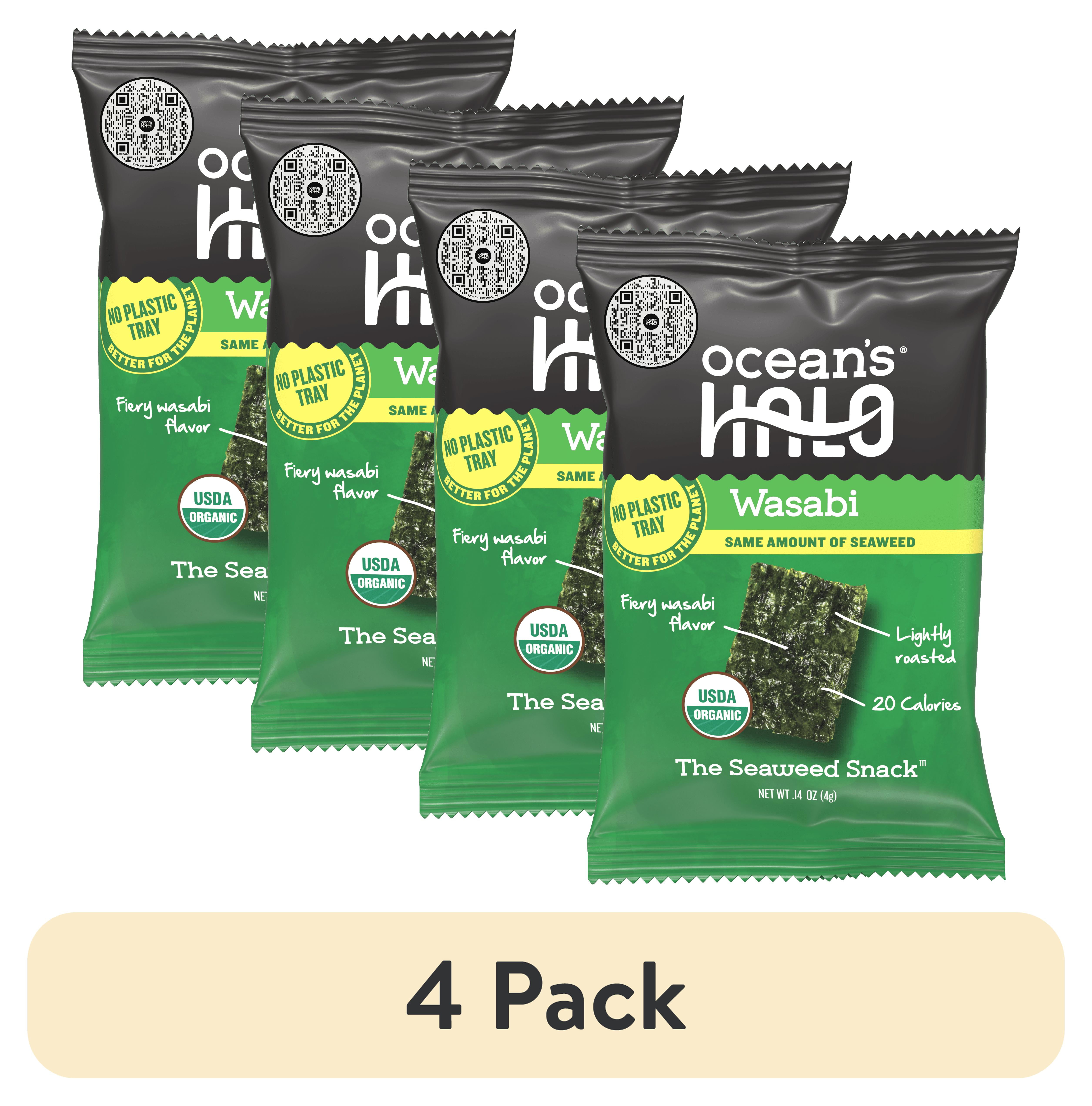 4 pack) Ocean's Halo, Organic Trayless Seaweed Snack, Wasabi