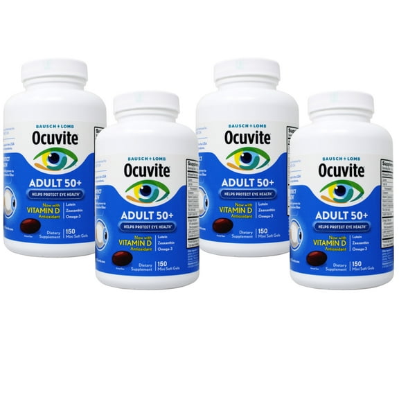 (4 pack) Ocuvite Adult 50+ Eye Health Supplement, Vitamin D, Antioxidant Lutein, Zeaxanthin, Omega-3, 150 Mini Soft Gels