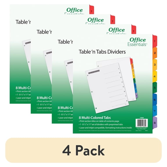 (4 pack) Office Essentials Table & Tabs Dividers, Table of Contents, Multicolor Tabs, 1-8 Tabs, 1 Set (11669)