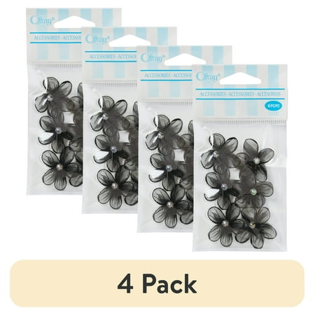 (4 pack) Offray Accessories, Black 3/4 inch 5 Petal Sheer Flower with Pearl Accessory for Wedding, Hair Clips, and Scrapbooking, 6 count, 1 Package