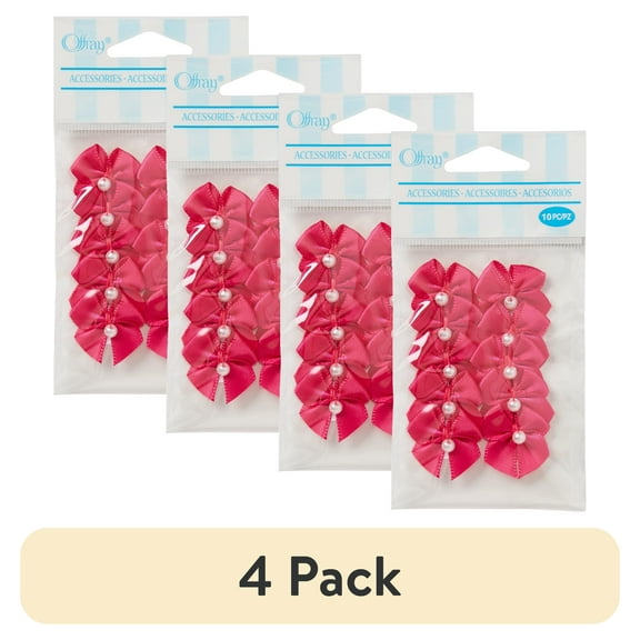 (4 pack) Offray Accessories, Hot Pink 5/8 inch 2 Loop Bow with Pearl Accessory for Wedding, Hair Clips, and Scrapbooking, 10 count, 1 Package