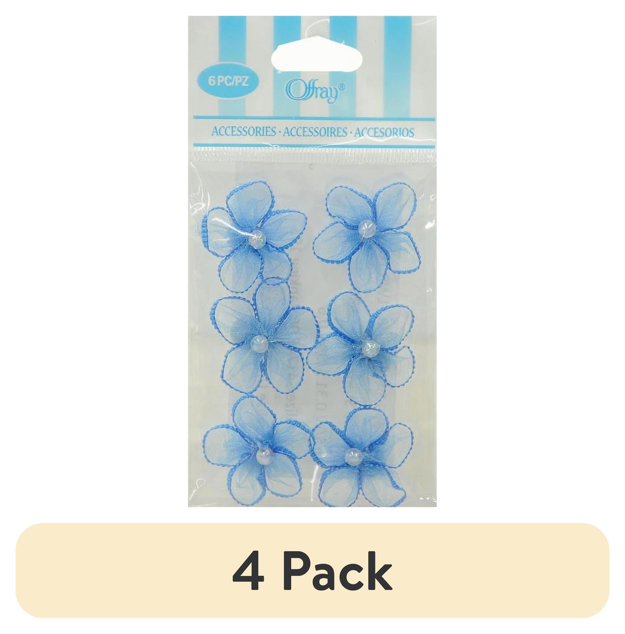 (4 pack) Offray Accessories, Lagoon Blue 3/4 inch 5 Petal Sheer Flower with Pearl Accessory for Wedding, Hair Clips, and Scrapbooking, 6 count, 1 Package