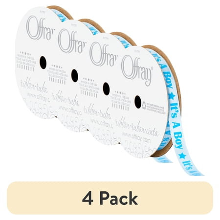 (4 pack) Offray Ribbon, Blue 3/8 inch It's a Boy Satin Ribbon, 12 feet