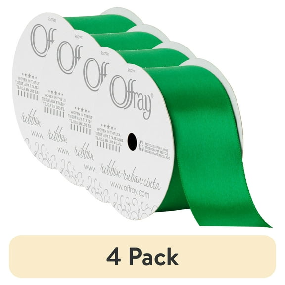 (4 pack) Offray Ribbon, Emerald Green 1 1/2 inch Single Face Satin Polyester Ribbon, 12 feet