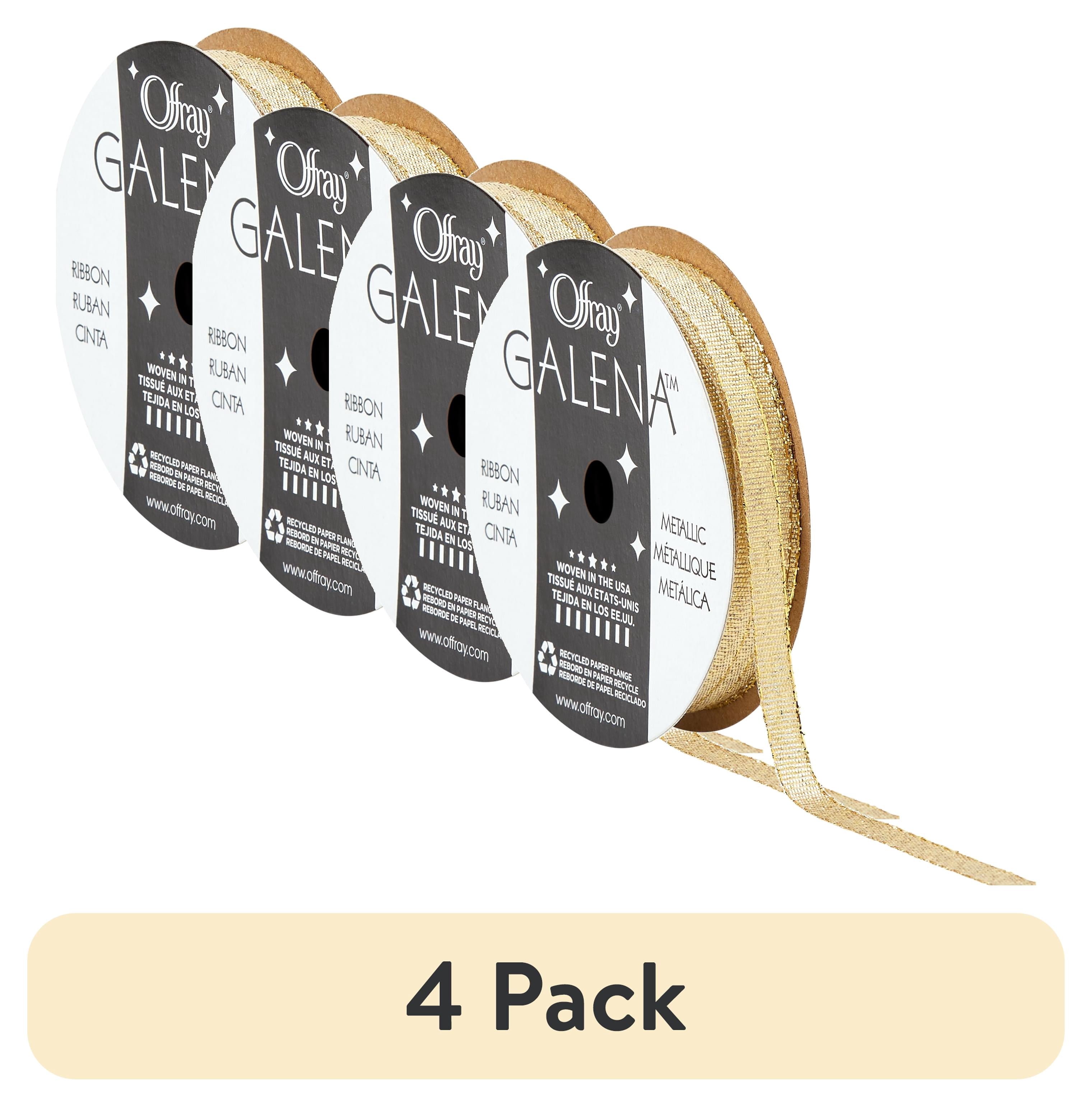 (4 pack) Offray Ribbon, Gold 1/4 inch Galena Metallic Ribbon for Sewing, Crafts, and Gifting, 5 yards