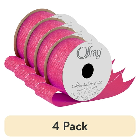 (4 pack) Offray Ribbon, Hot Pink 1 1/2 inch Grosgrain Glitter Polyester Ribbon for Sewing, Crafts, and Gifting, 9 feet, 1 Each
