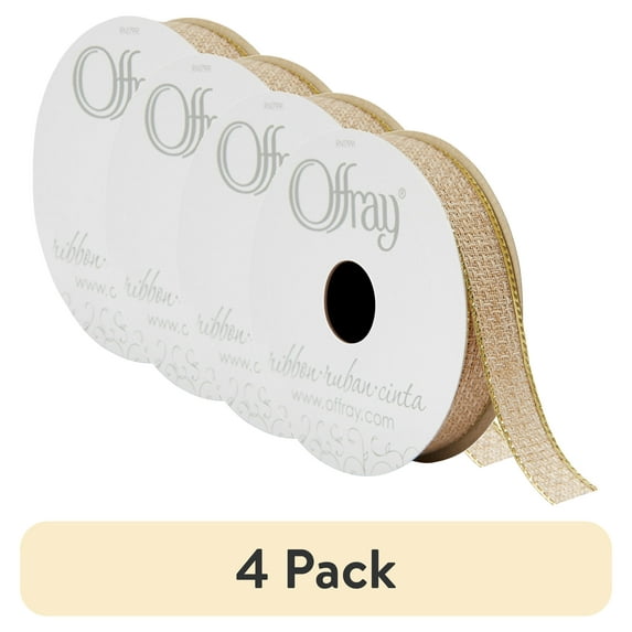 (4 pack) Offray Ribbon, Natural Gold 5/8 inch Galena Metallic Ribbon, 9 feet