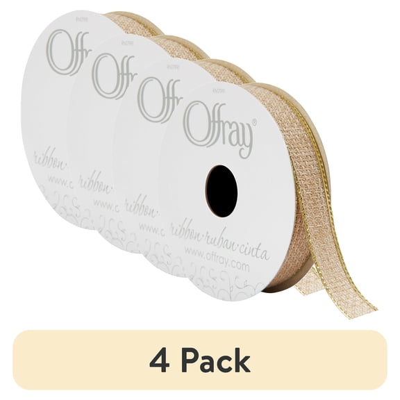 (4 pack) Offray Ribbon, Natural Gold 5/8 inch Galena Metallic Ribbon for Wedding, Crafts, and Gifting, 9 feet, 1 Each