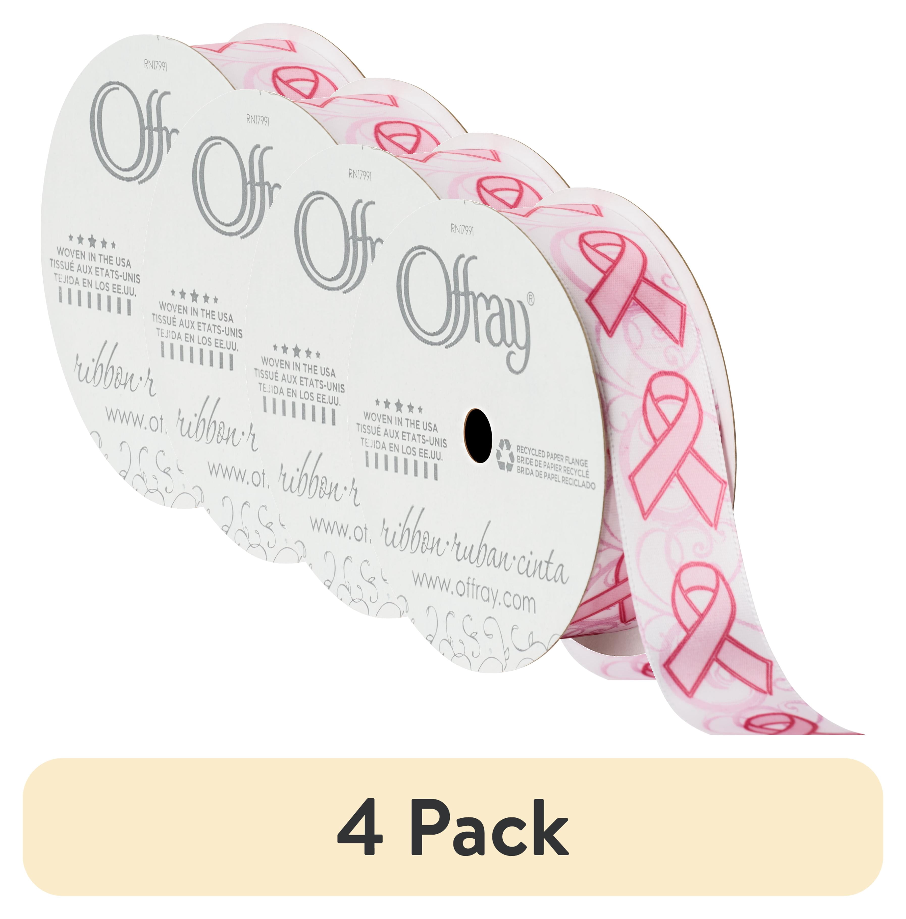 (4 pack) Offray Ribbon, Pink 7/8 inch Breast Cancer Awareness Satin Ribbon, 9 feet